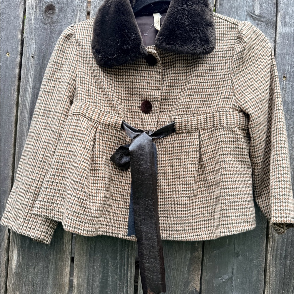 Vintage Cat Walk Houndstooth Jacket Faux‎ Fur Collar Belted Coat Made in USA